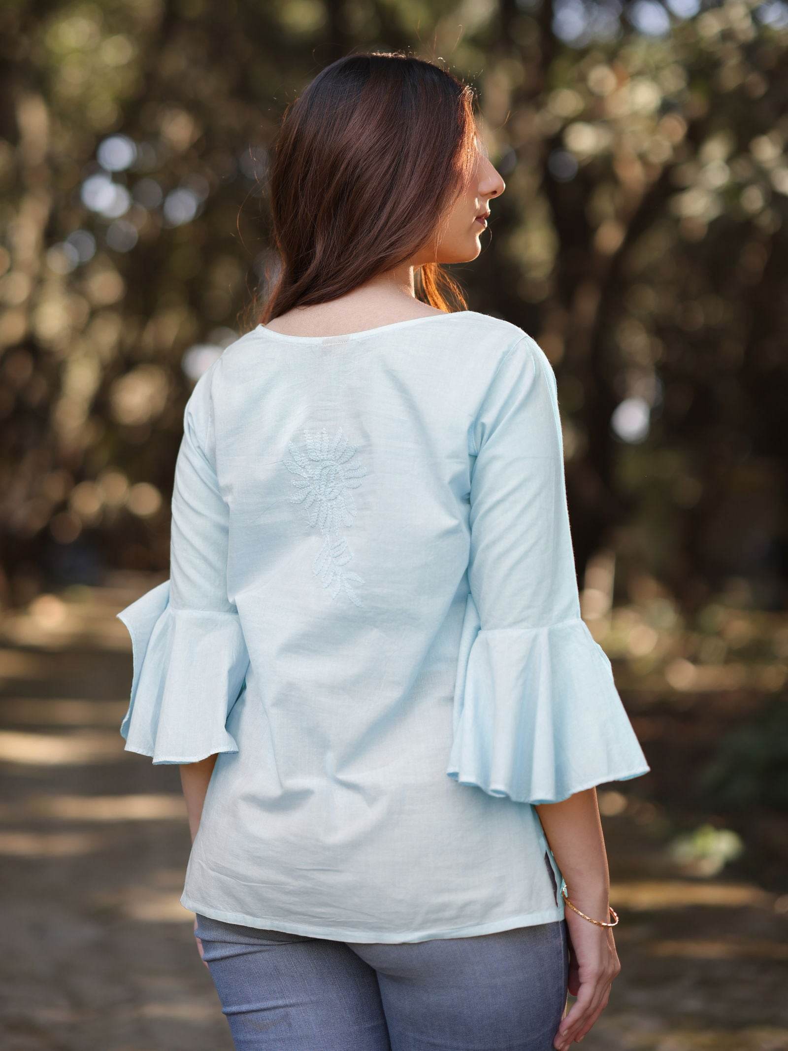 IQRA Chikankari Cotton Bell Sleeves Top - KRI CHIKANKARI